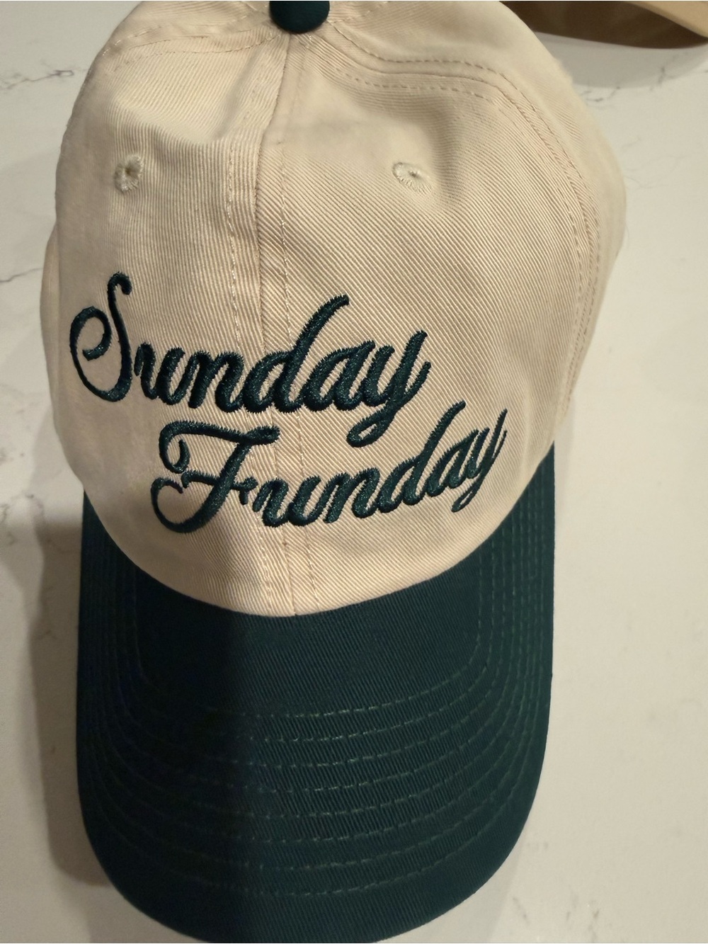 NWT Cream and Dark Green "Sunday Funday" Embroidered Baseball Cap